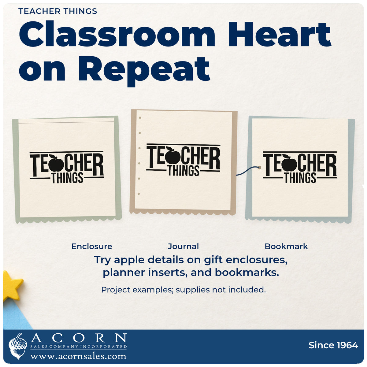 Three project examples made with the Slim Pre-Inked Teacher Things Stamp, including drawer divider crafts.