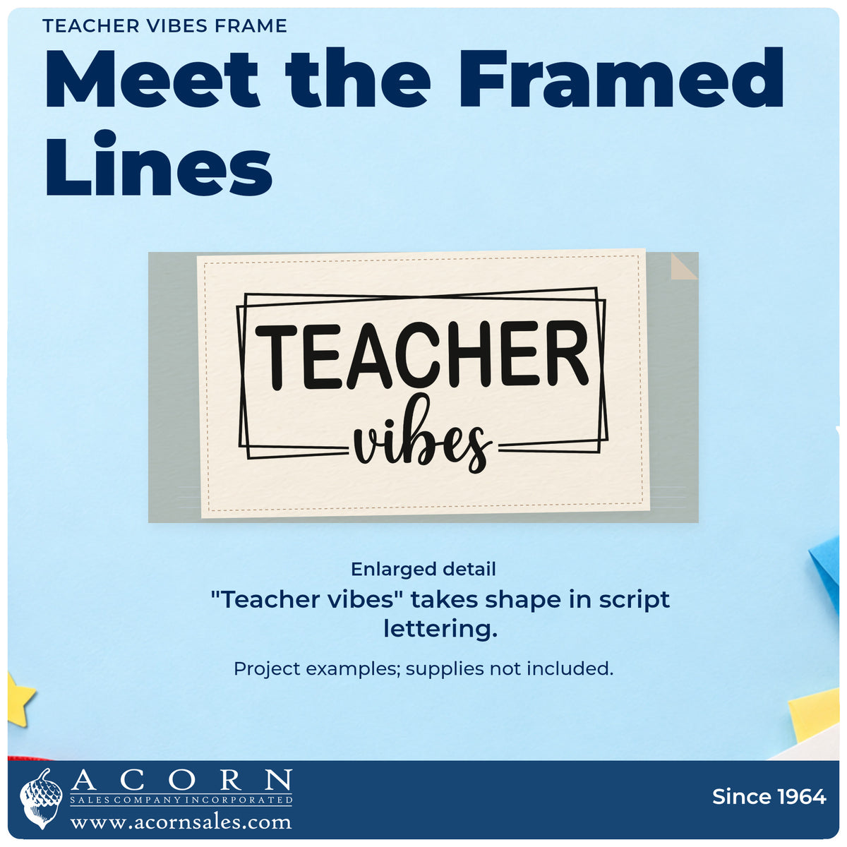 Enlarged detail of the Teacher Vibes Wood-Mounted Rubber Stamp imprint. Overlapping rectangular outlines frame "Teacher vibes" in block and script lettering.
