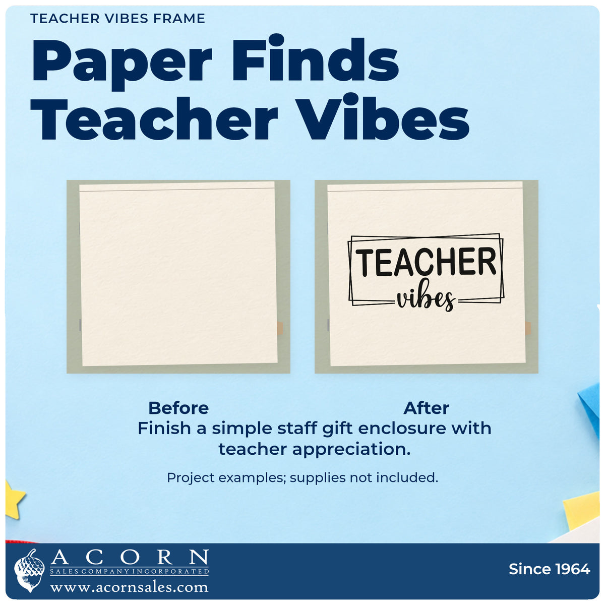 Before and after of a plain item finished with the Teacher Vibes Wood-Mounted Rubber Stamp, a quick upgrade for bin front labels.
