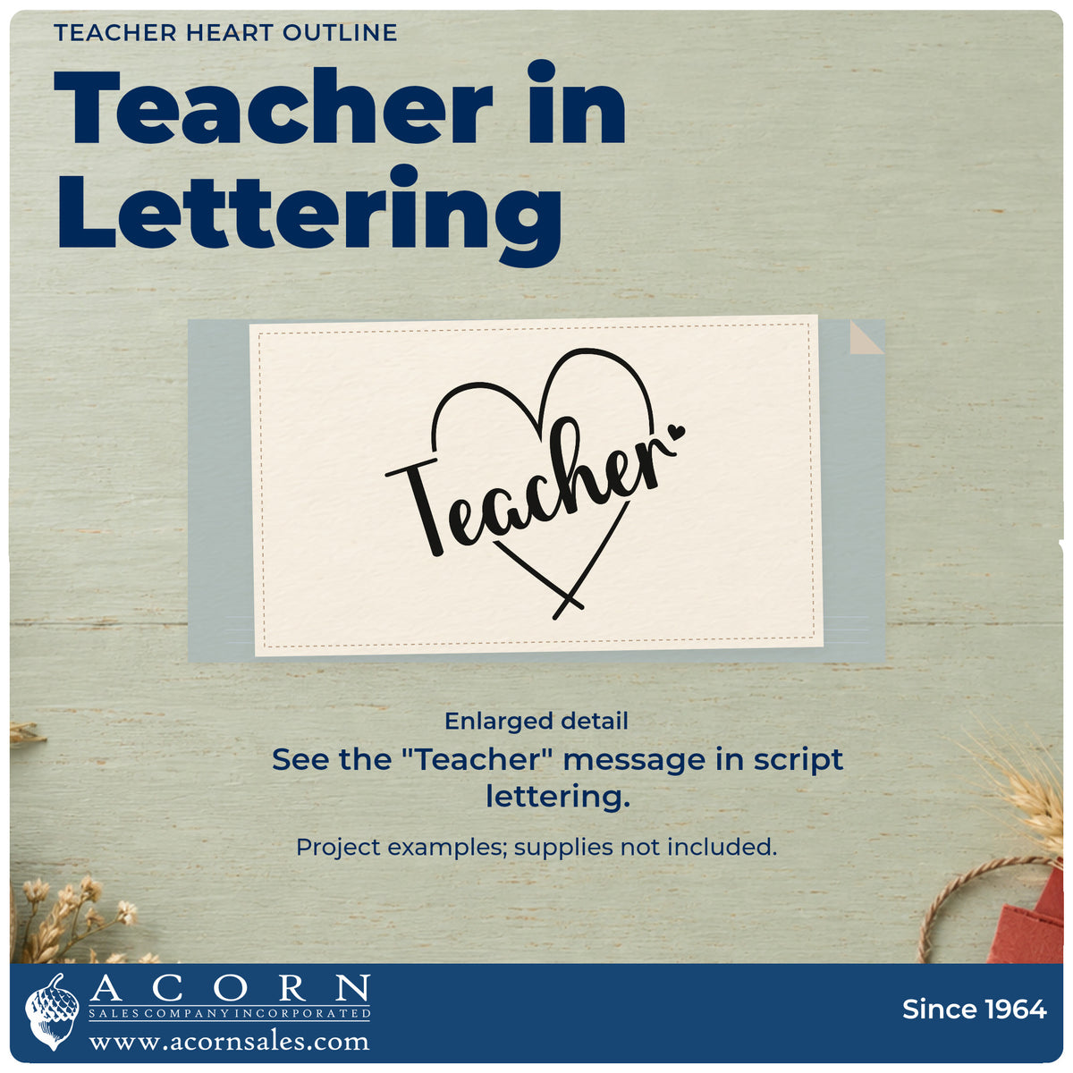 Enlarged detail of the Teacher Heart Outline Rubber Stamp – Wood Handle imprint. Large slanted "Teacher" script crosses an outlined heart.
