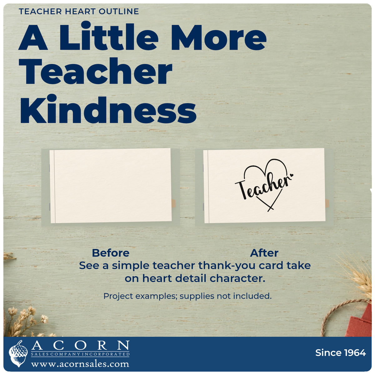 Before and after of a plain item finished with the Teacher Heart Outline Stamp – Duo Hand, a quick upgrade for candy jar labels.