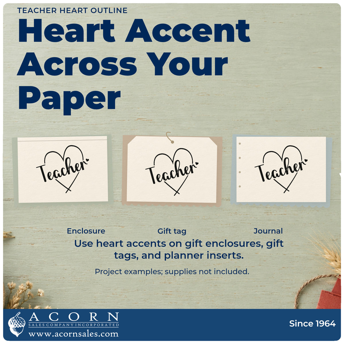 Three project examples made with the Teacher Heart Outline Rubber Stamp – Wood Handle, including paper garland crafts.