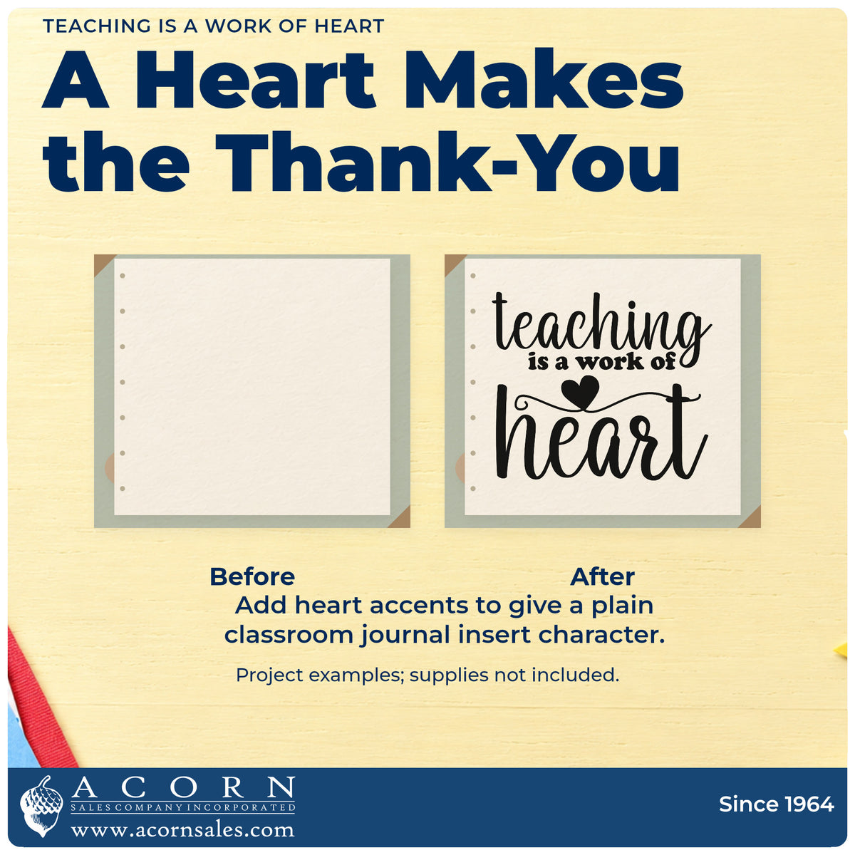 Before and after of a plain item finished with the Duo Hand Teaching Heart Word Art Rubber Stamp, a quick upgrade for donation plaque labels.
