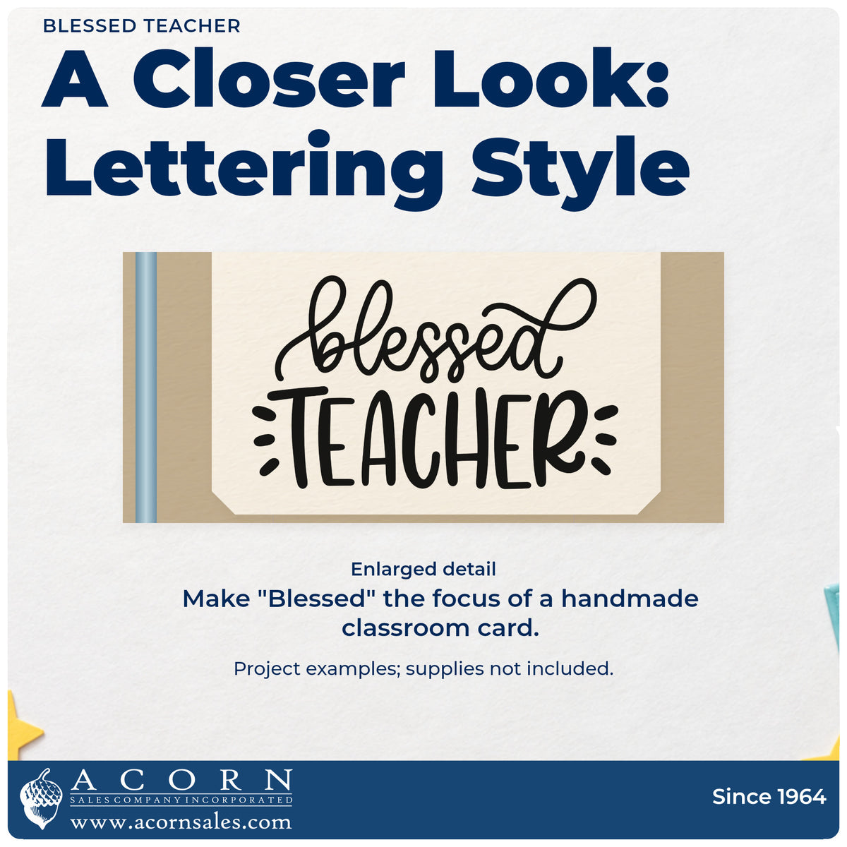Enlarged detail of the Premium Wooden Blessed Teacher Lettering Stamp - Vintage Pro imprint. Flowing "Blessed" lettering sits above bold "Teacher," flanked by short radiating marks.