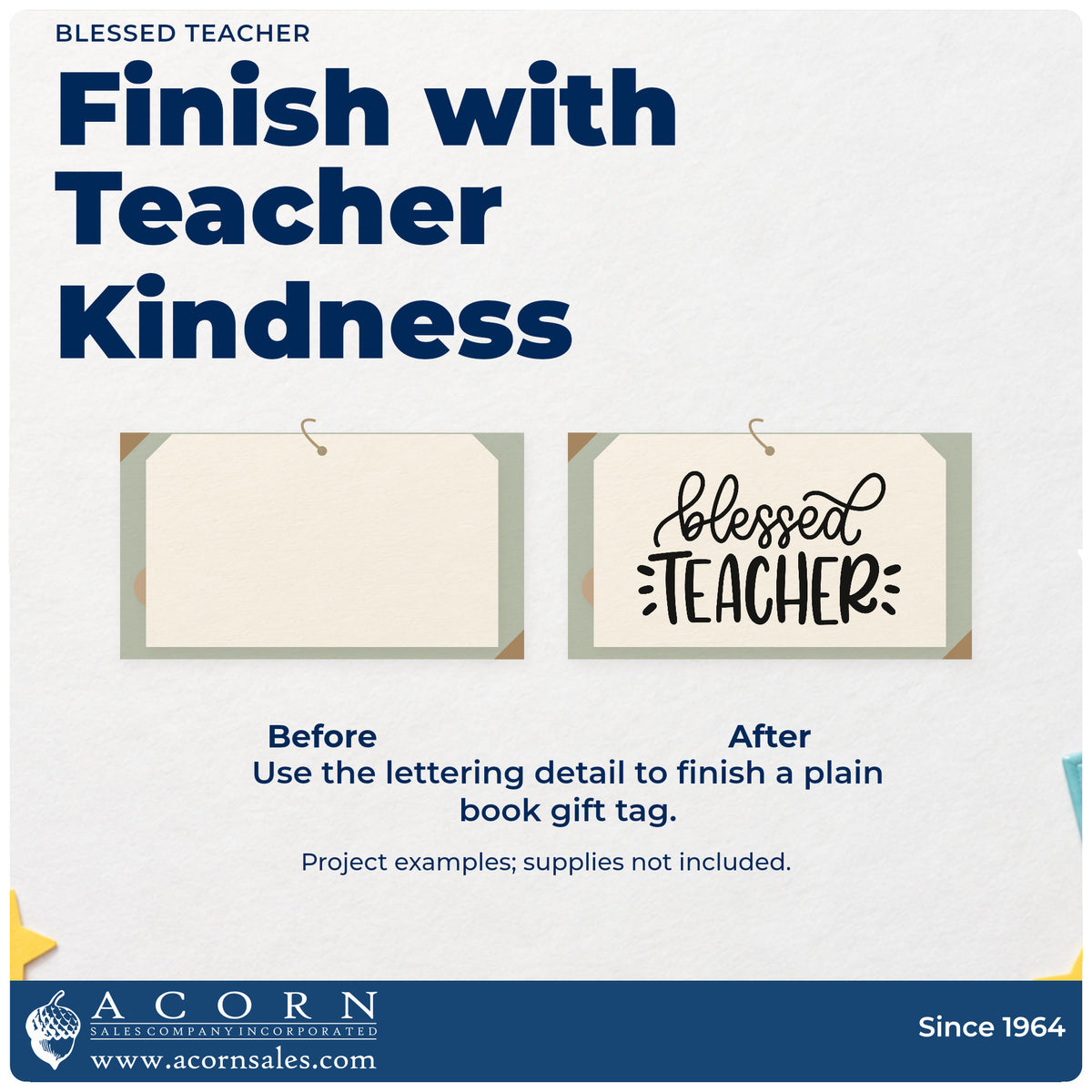 Before and after of a plain item finished with the Blessed Teacher Lettering Pre-Inked Stamp – Slim, a quick upgrade for bible shelf labels.