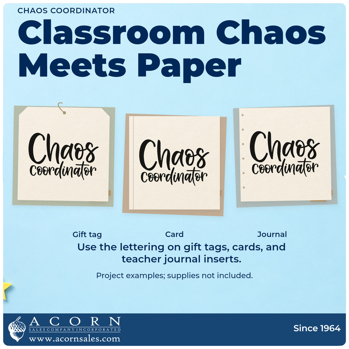 Three project examples made with the Chaos Coordinator Stamp – Wood Handle, including clipboard card crafts.