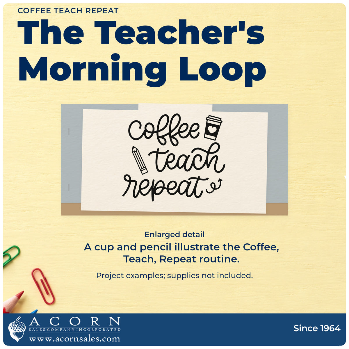 Enlarged detail of the Coffee Teach Repeat Pencil Duo Hand Stamp imprint. A coffee cup and pencil accompany three script lines reading "Coffee teach repeat."