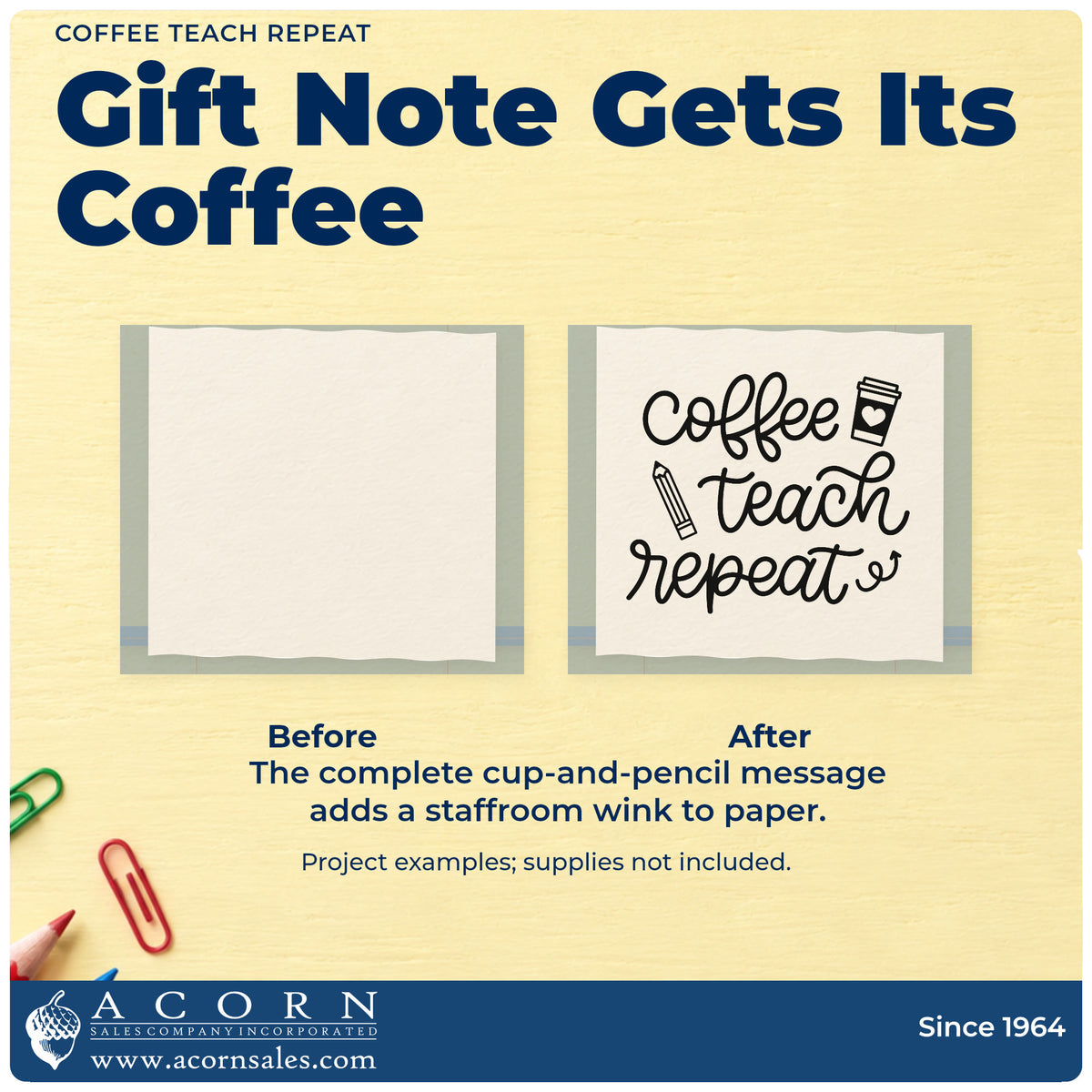 Before and after of a plain item finished with the Coffee Teach Repeat Pencil Slim Pre-Inked Stamp, a quick upgrade for grinder shelf labels.