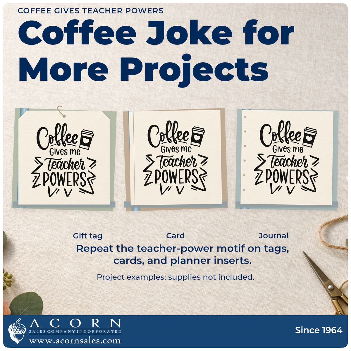 Three project examples made with the Coffee Gives Me Teacher Powers Pre-Inked Stamp – PSI, including cape cutout crafts.