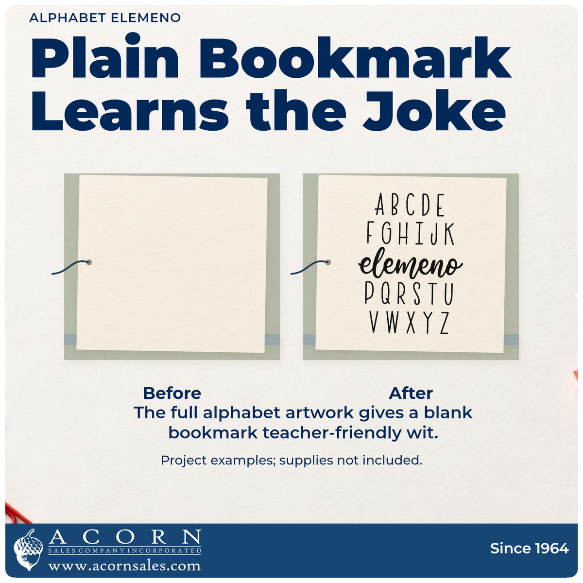 Before and after of a plain item finished with the Alphabet Elemeno Premium Wooden Stamp - Vintage Pro, a quick upgrade for book bin labels.