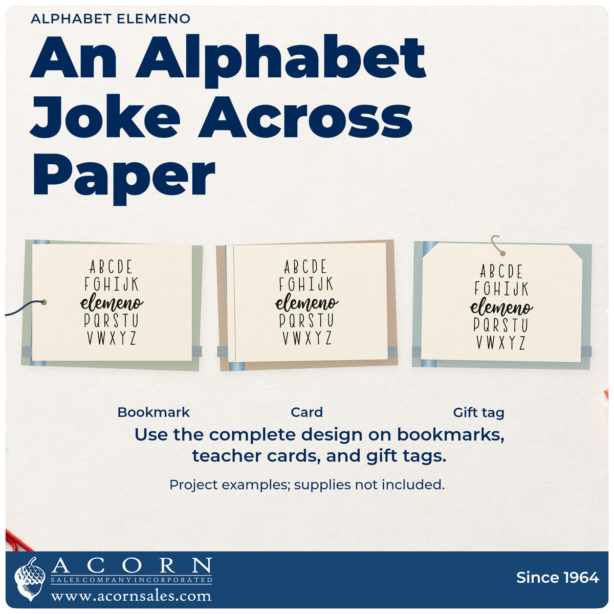 Three project examples made with the Alphabet Elemeno Rubber Stamp – Wood Handle, including magnet tile crafts.