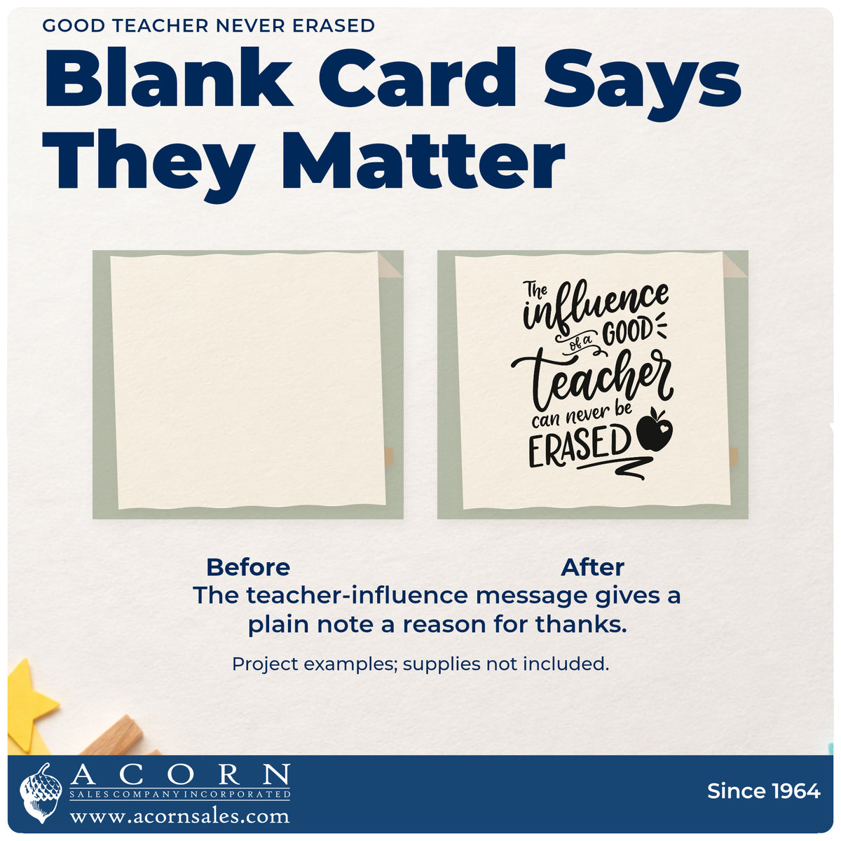 Before and after of a plain item finished with the The Influence Of A Good Teacher Can Never Be Erased Premium Wood-Mounted Stamp - Vintage Pro, a quick upgrade for forwarding labels.