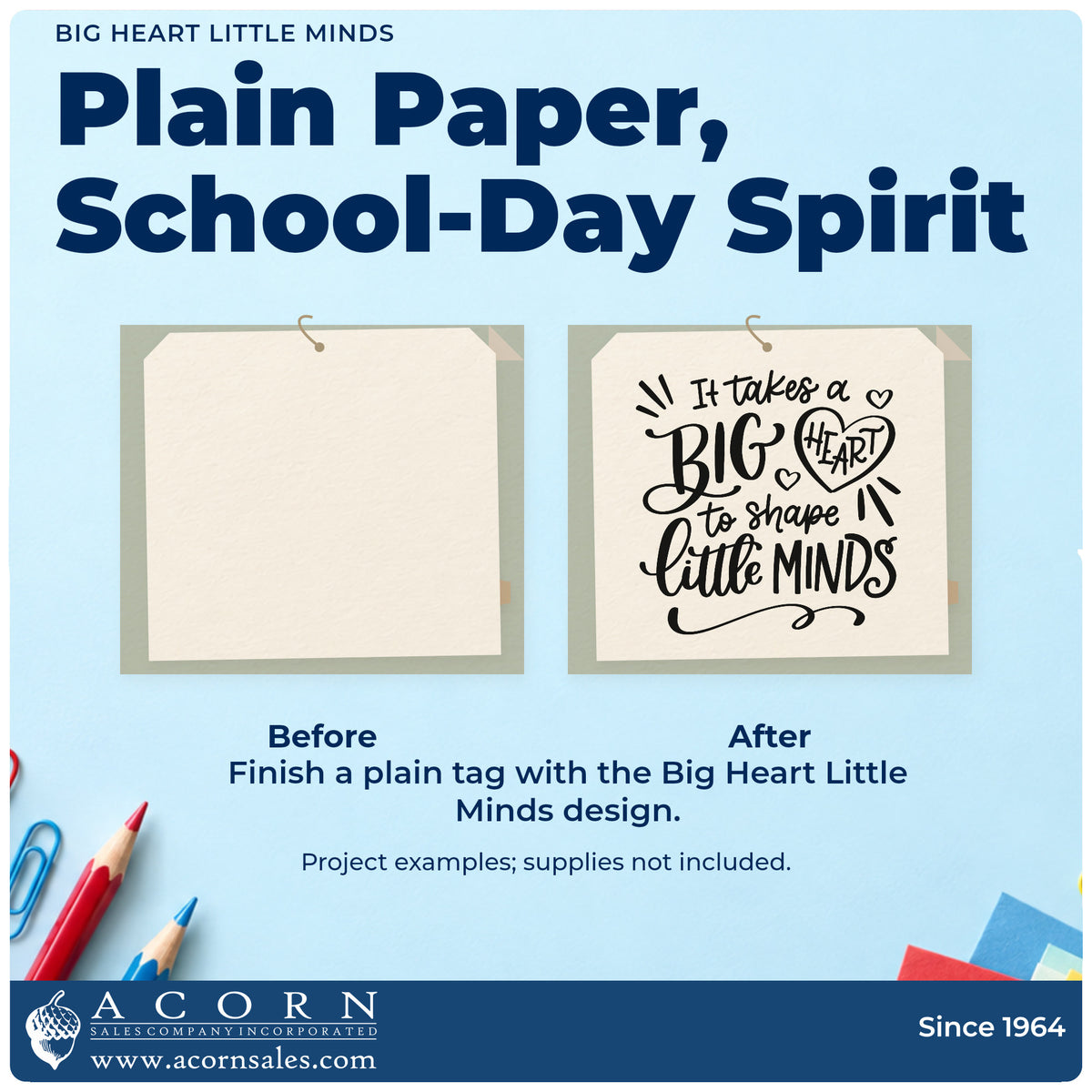 Before and after of a plain item finished with the Big Heart Little Minds Stamp – Slim Pre-Inked, a quick upgrade for bottle shelf labels.