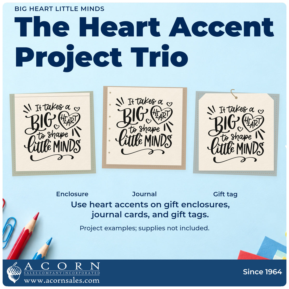 Three project examples made with the Premium Wooden Big Heart Little Minds Stamp - Vintage Pro, including coloring heart crafts.