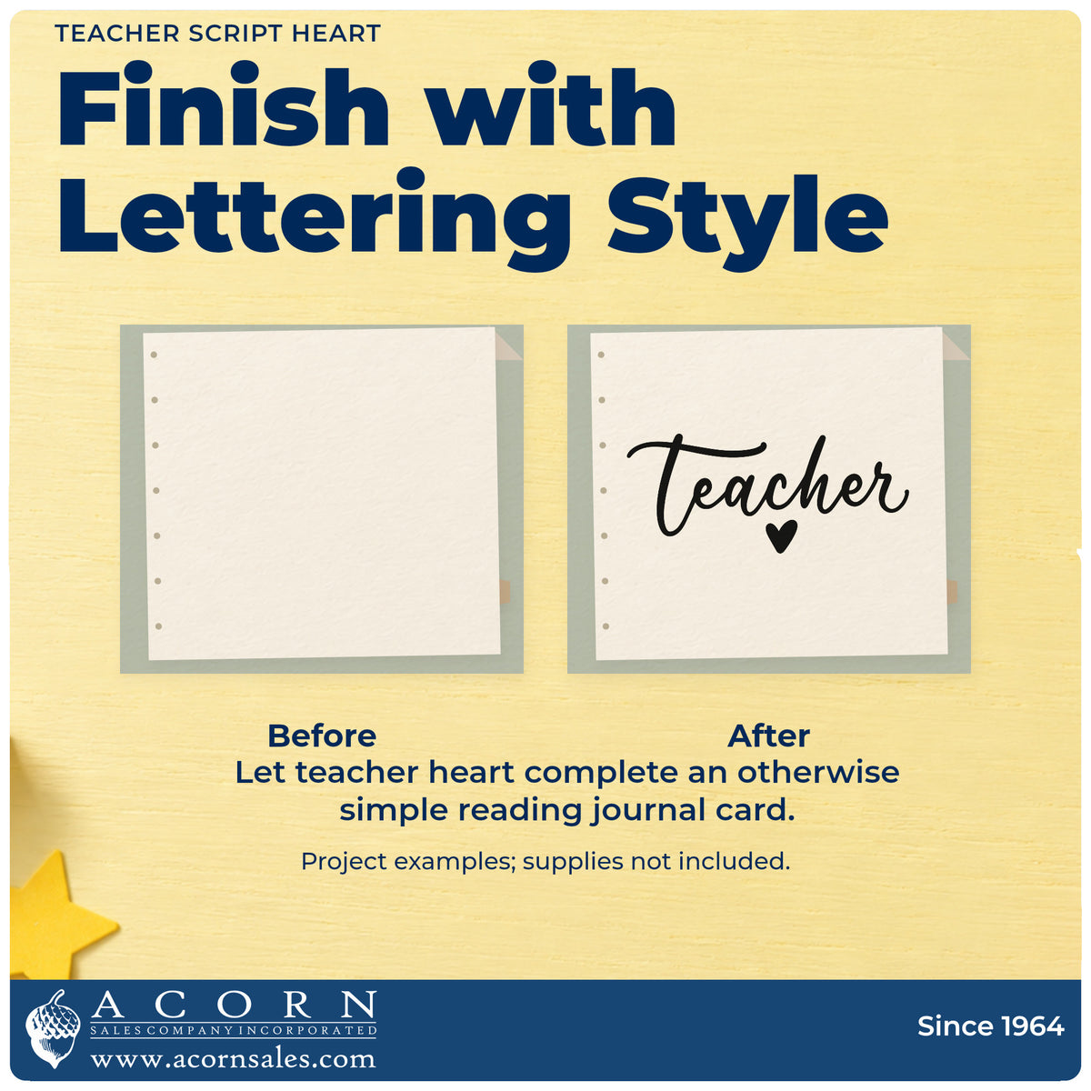 Before and after of a plain item finished with the Teacher Script Heart PSI Pre-Inked Stamp, a quick upgrade for return address labels.