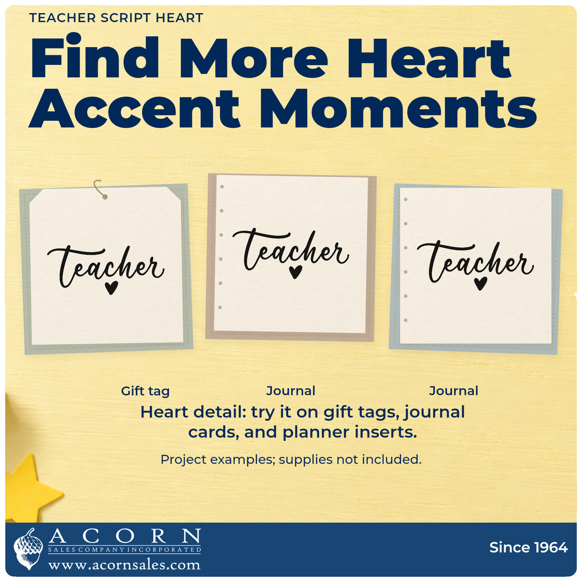 Three project examples made with the Teacher Script Heart Self-Inking Stamp, including envelope flap crafts.