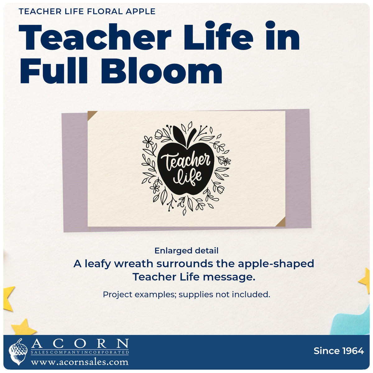 Enlarged detail of the PSI Pre-Inked Teacher Life Floral Apple Leaf Accents Stamp imprint. A leafy floral wreath surrounds a solid apple containing "Teacher life" script.