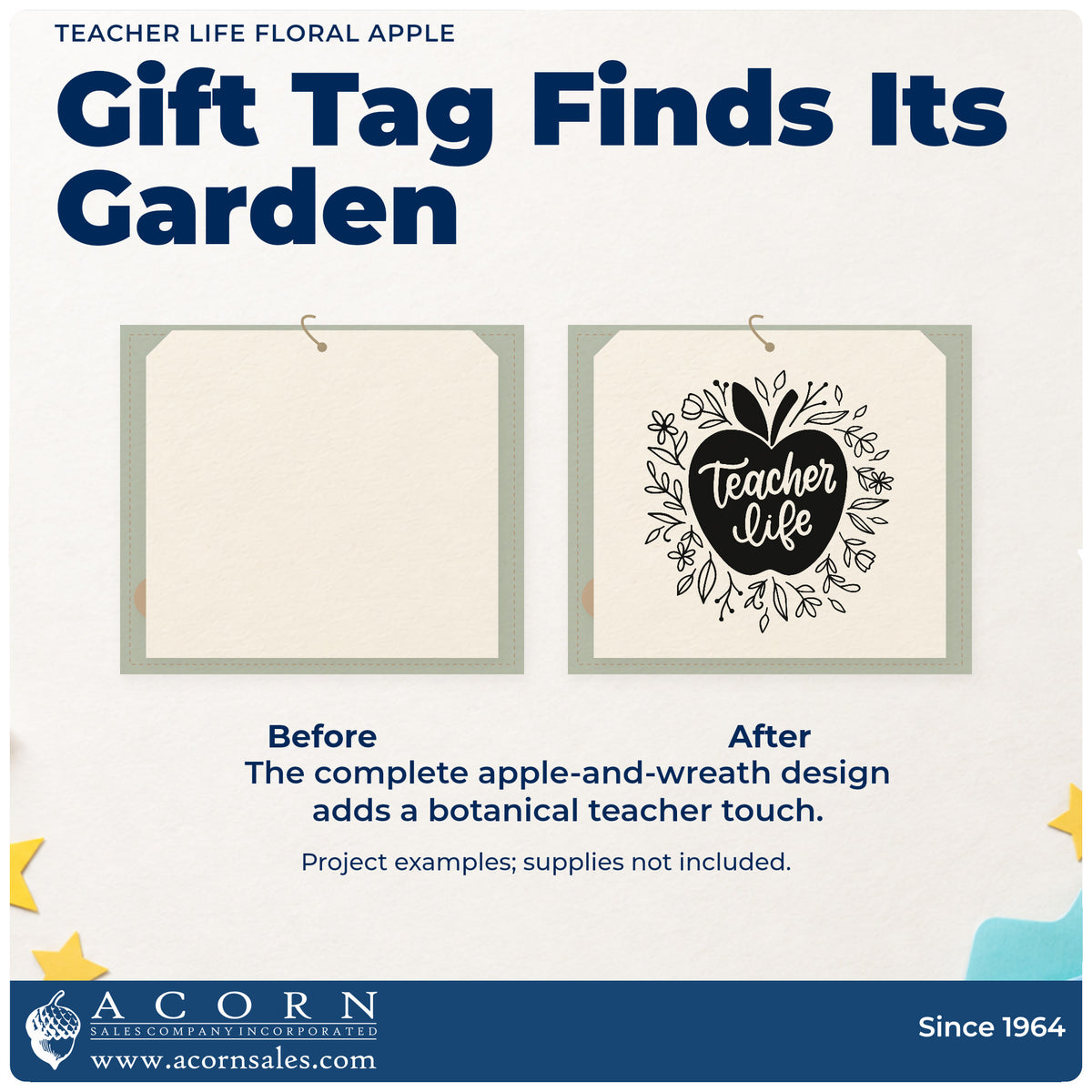 Before and after of a plain item finished with the Teacher Life Floral Apple Leaf Accents Stamp – Self-Inking, a quick upgrade for preserve jar labels.