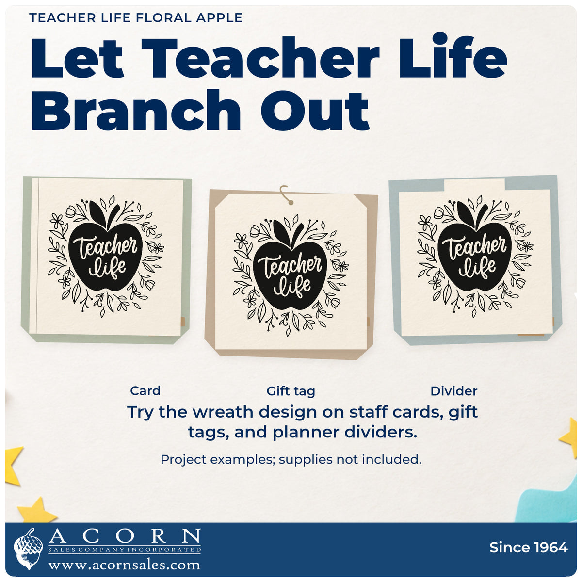 Three project examples made with the Teacher Life Floral Apple Leaf Accents Duo Hand Stamp, including paper leaf crafts.