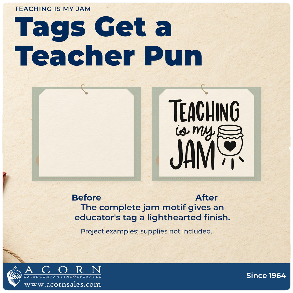 Before and after of a plain item finished with the Teaching Is My Jam Jar Illustration Self-Inking Stamp, a quick upgrade for pantry jar labels.