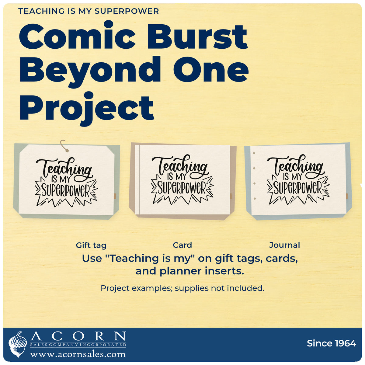 Three project examples made with the Teaching Is My Superpower Rubber Stamp – Duo Hand, including badge blank crafts.