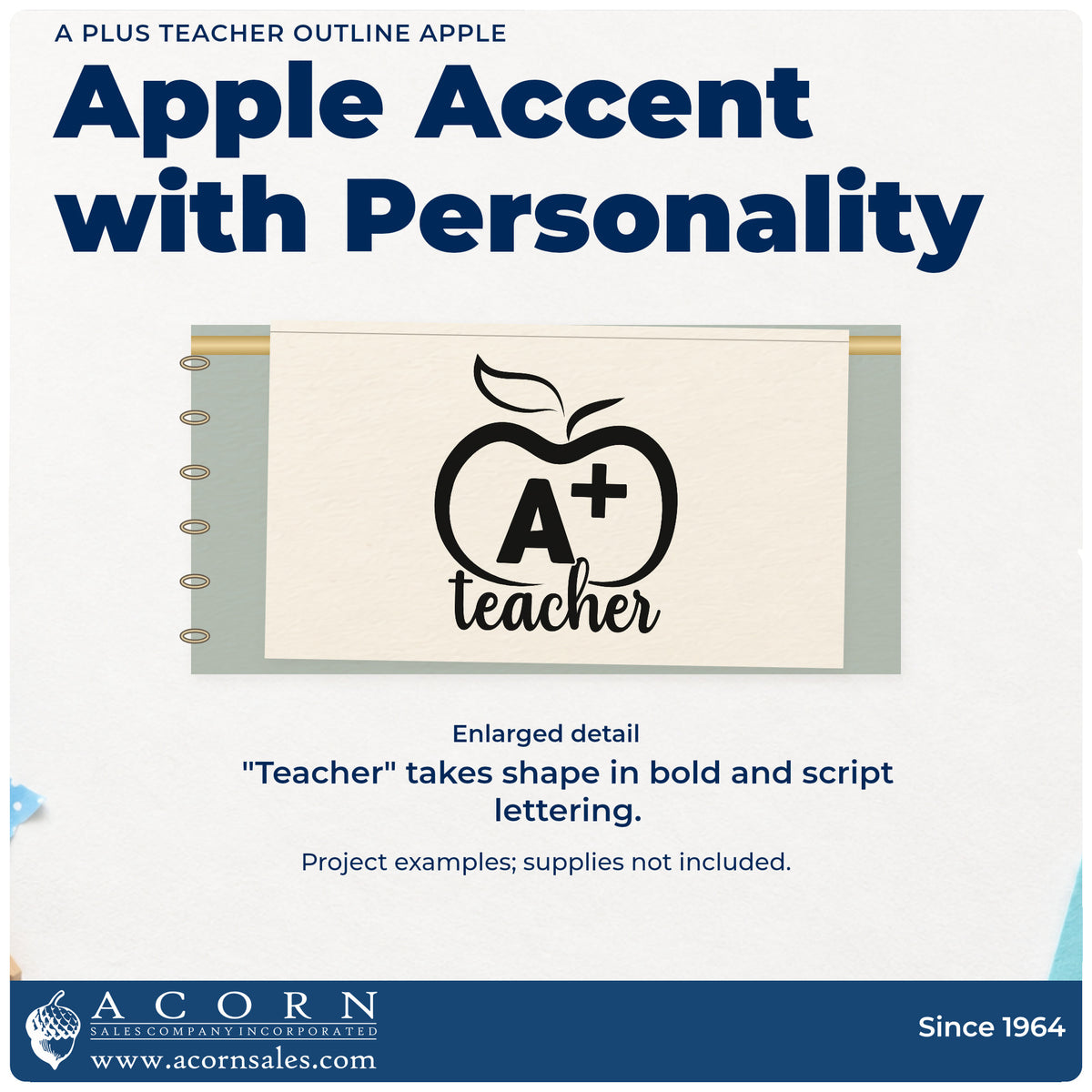Enlarged detail of the Duo Hand A Plus Teacher Outline Apple Rubber Stamp imprint. A bold outlined apple holds A+ above "Teacher" script.