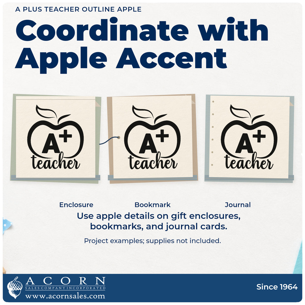 Three project examples made with the A Plus Teacher Outline Apple Premium Wooden Stamp - Vintage Pro, including certificate crafts.