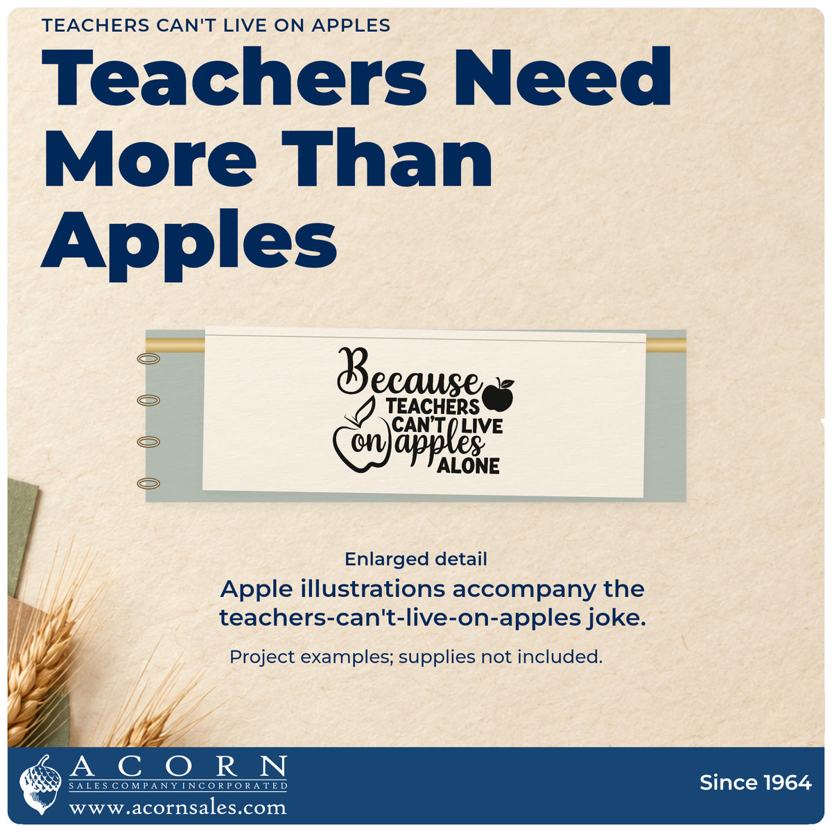Enlarged detail of the Teachers Can't Live On Apples Stamp - Premium Vintage Pro Wooden imprint. Apple illustrations accompany "Because teachers can't live on apples alone" in mixed lettering.
