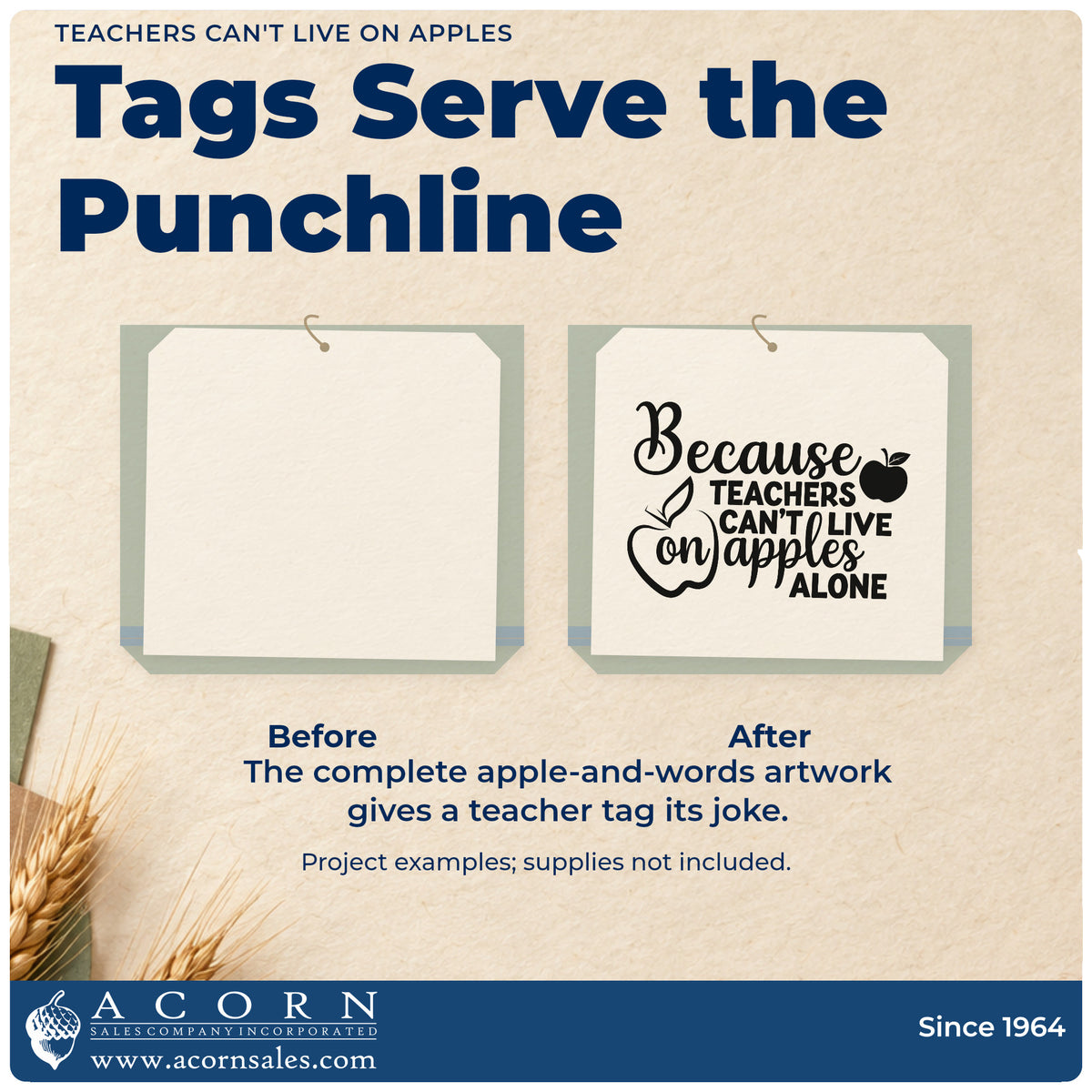 Before and after of a plain item finished with the Teachers Can't Live On Apples Hand Stamp – Duo, a quick upgrade for meal train labels.