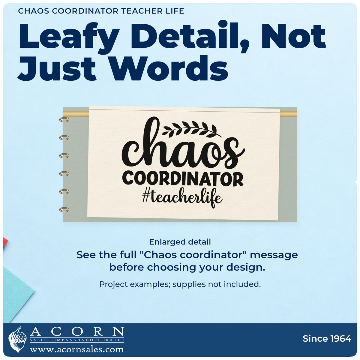 Enlarged detail of the Pre-Inked Chaos Coordinator Teacher Life Botanical Sprig Stamp – PSI imprint. A leafy sprig tops "Chaos coordinator" above "#teacherlife."
