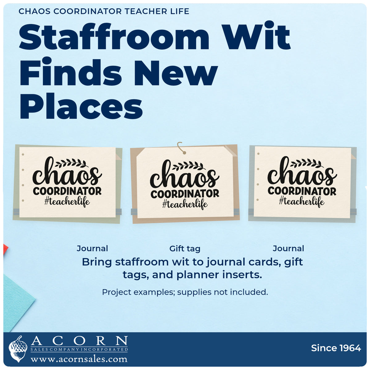 Three project examples made with the Chaos Coordinator Teacher Life Botanical Sprig Pre-Inked Stamp – Slim, including sticker pack crafts.