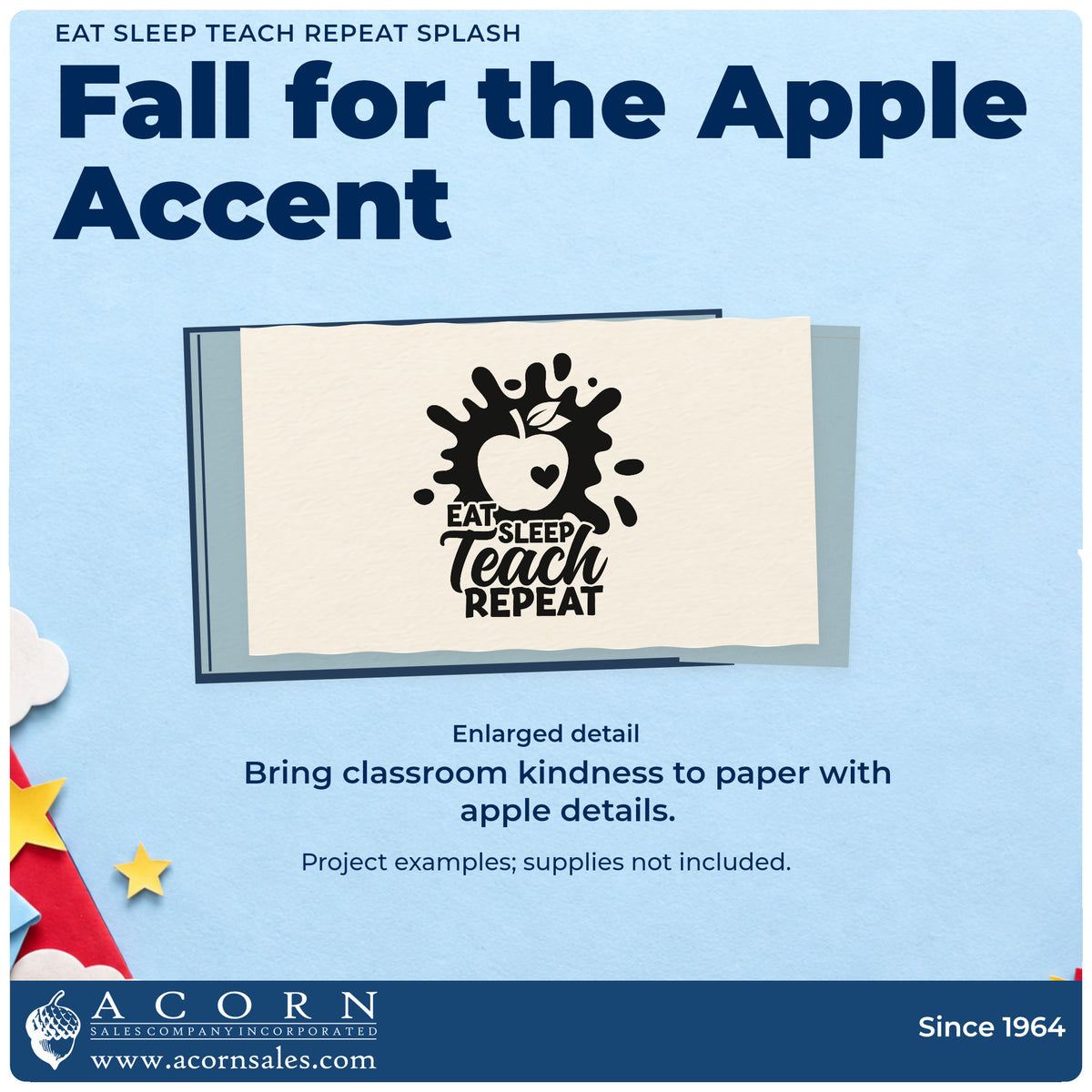 Enlarged detail of the Eat Sleep Teach Repeat Splash Premium Wood-Mounted Stamp – Vintage Pro imprint. An apple with a heart sits inside an ink-splash shape above "Eat sleep teach repeat."