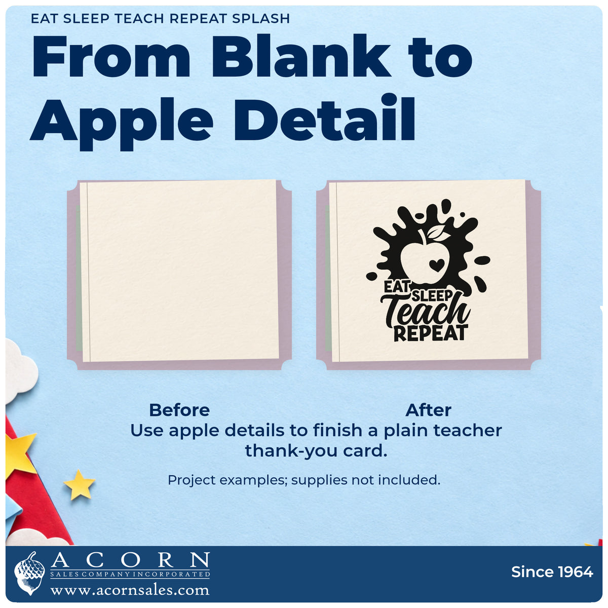 Before and after of a plain item finished with the Eat Sleep Teach Repeat Splash Premium Wood-Mounted Stamp – Vintage Pro, a quick upgrade for cooler lid labels.