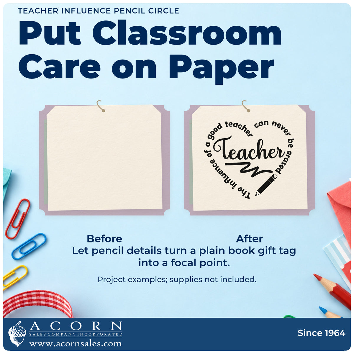 Before and after of a plain item finished with the Premium Wooden Teacher Influence Pencil Circle Lettering Stamp – Vintage Pro, a quick upgrade for draft bin labels.