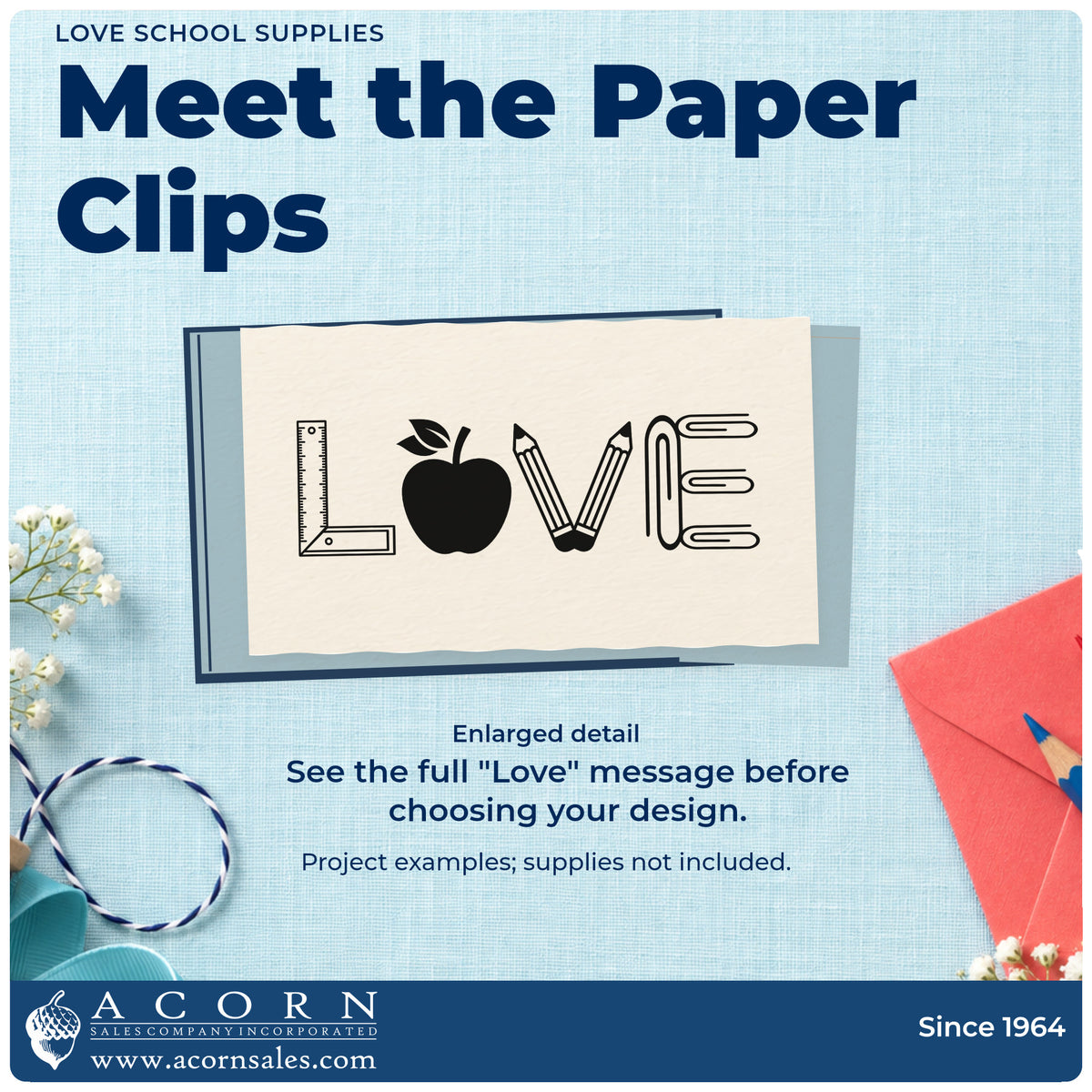 Enlarged detail of the Self-Inking Love School Supplies Stamp imprint. A ruler, apple, pencils, and paper clips form the letters of "Love."