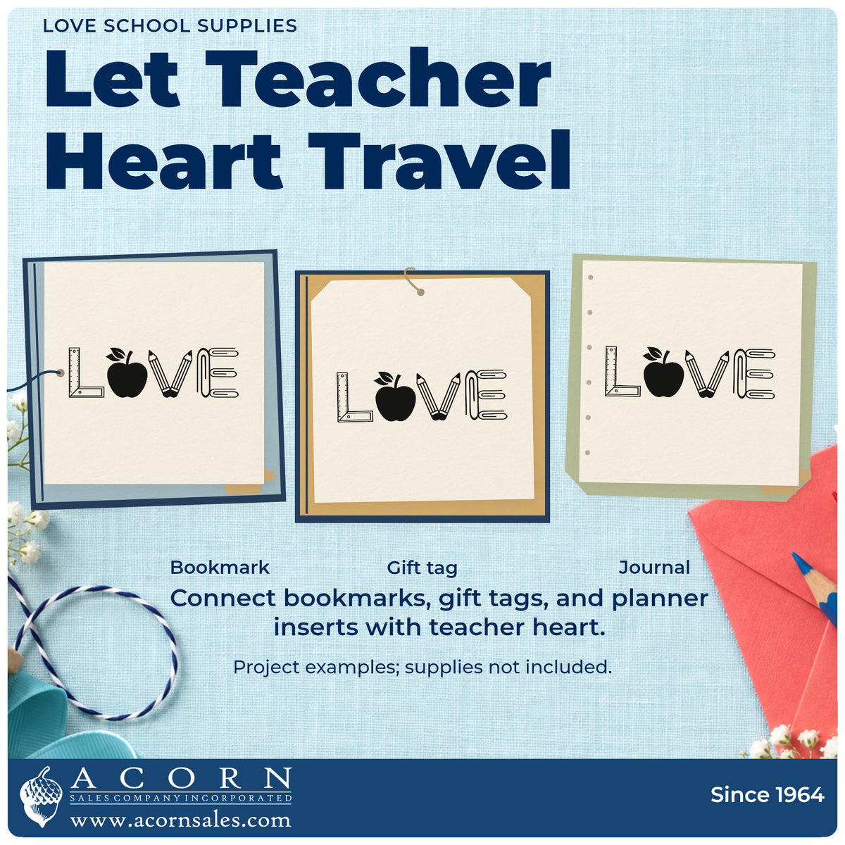Three project examples made with the Love School Supplies Rubber Stamp – Wood Handle, including clip art crafts.