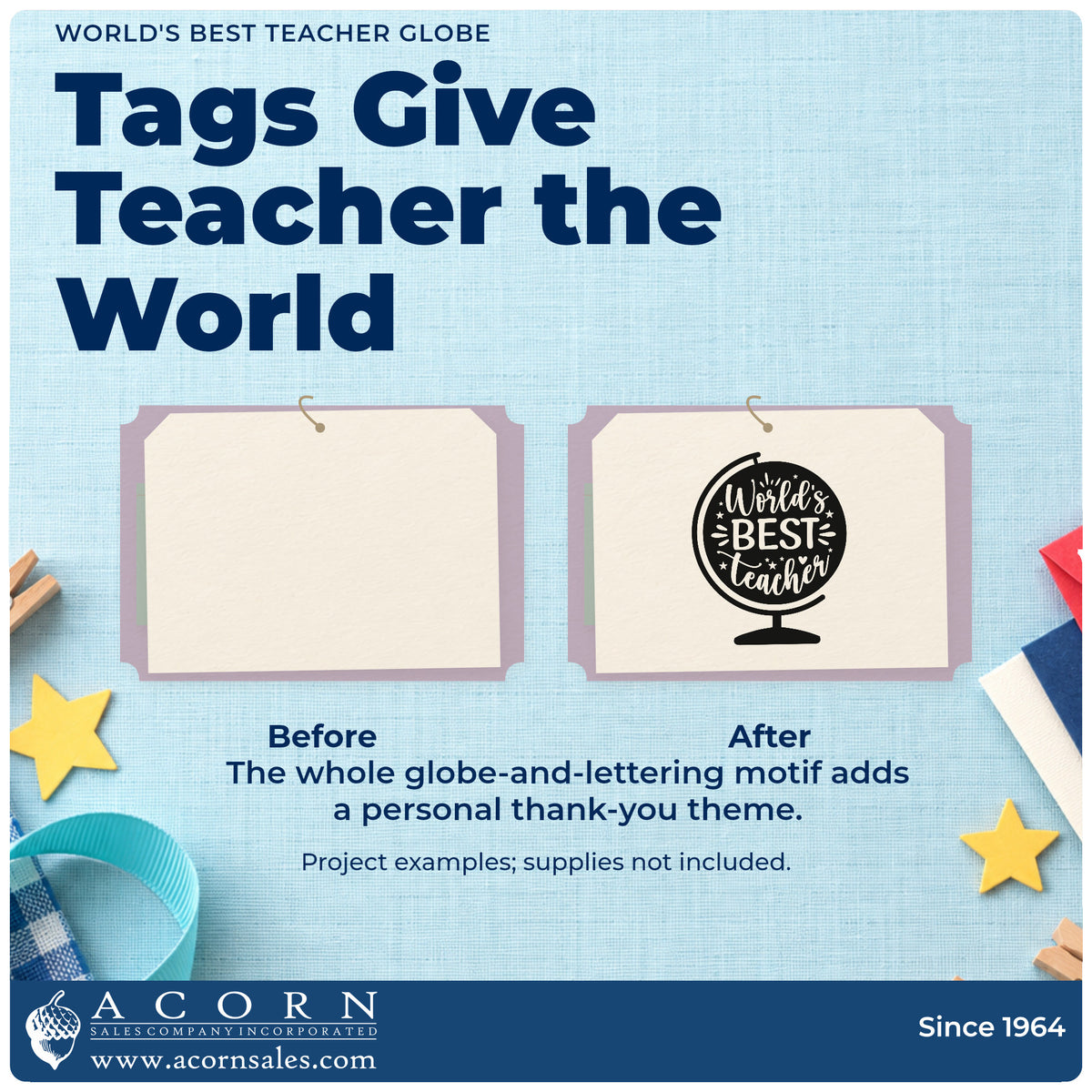 Before and after of a plain item finished with the World's Best Teacher Globe With Stars Stamp – Self-Inking, a quick upgrade for trophy shelf labels.