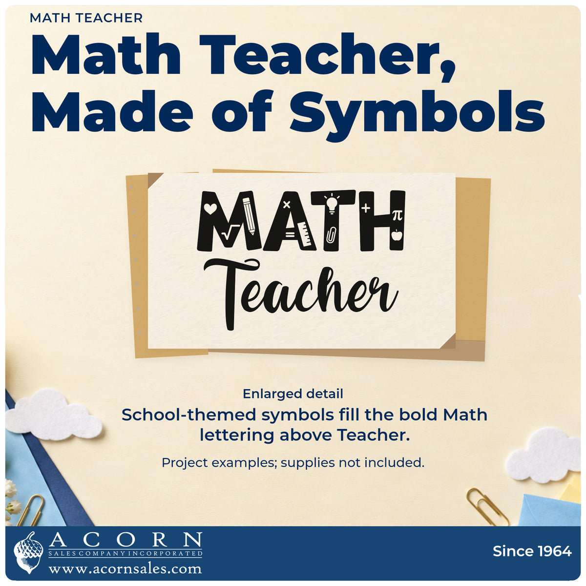 Enlarged detail of the Math Teacher Self-Inking Stamp imprint. School-themed symbols fill bold "Math" lettering above "Teacher" script.