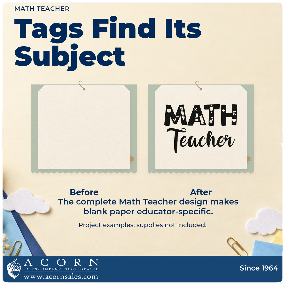 Before and after of a plain item finished with the Math Teacher Wood Handle Stamp, a quick upgrade for manipulative labels.