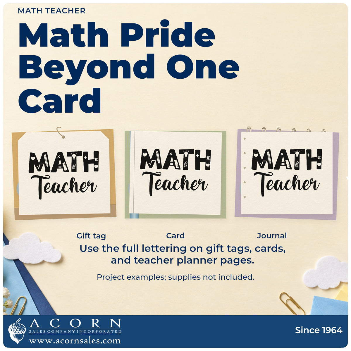 Three project examples made with the Duo Hand Math Teacher Rubber Stamp, including number line crafts.