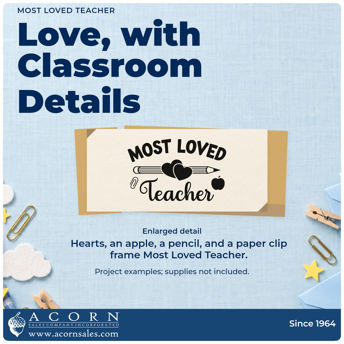 Enlarged detail of the Most Loved Teacher Apple Premium Wooden Stamp – Vintage Pro imprint. A pencil, overlapping hearts, apple, and paper clip accompany "Most loved teacher."