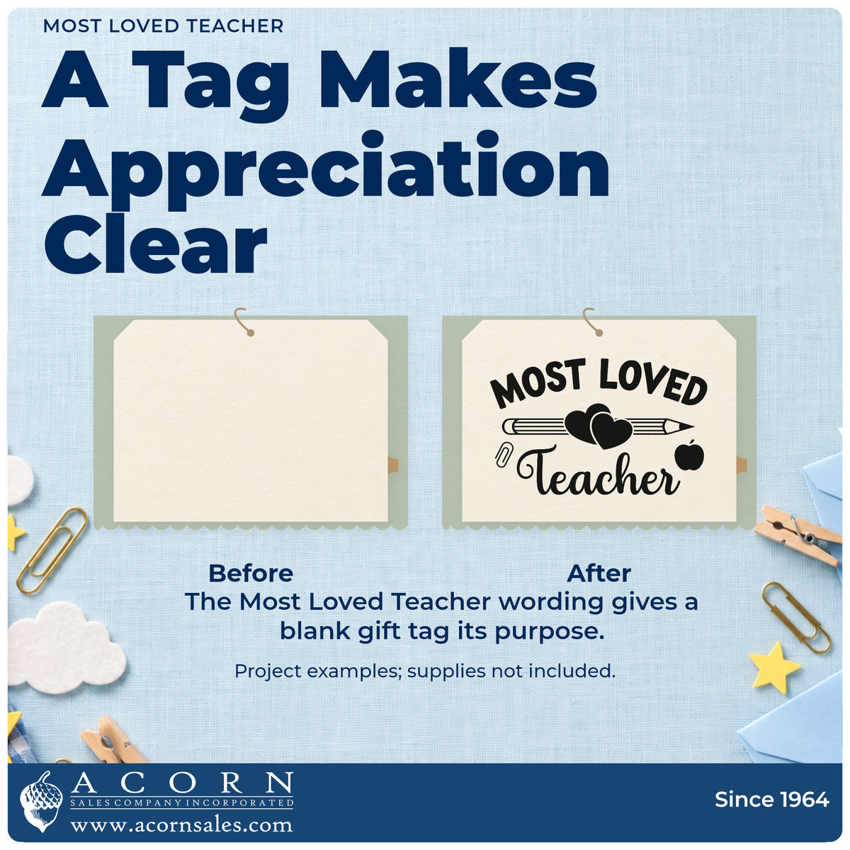 Before and after of a plain item finished with the Most Loved Teacher Apple PSI Pre-Inked Stamp, a quick upgrade for gift pile labels.