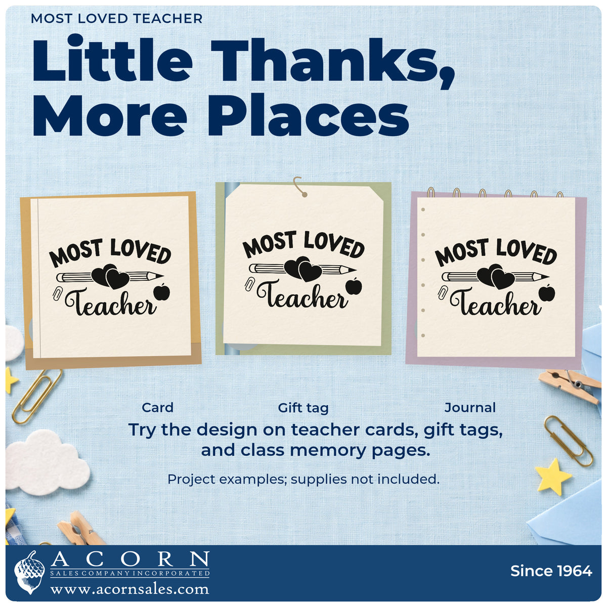 Three project examples made with the Most Loved Teacher Apple PSI Pre-Inked Stamp, including heart clip crafts.