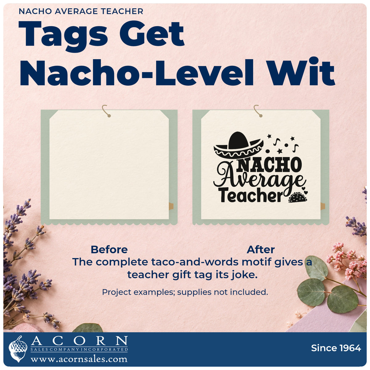 Before and after of a plain item finished with the Pre-Inked Nacho Average Teacher With Stars Stamp – PSI, a quick upgrade for cinco event banners.