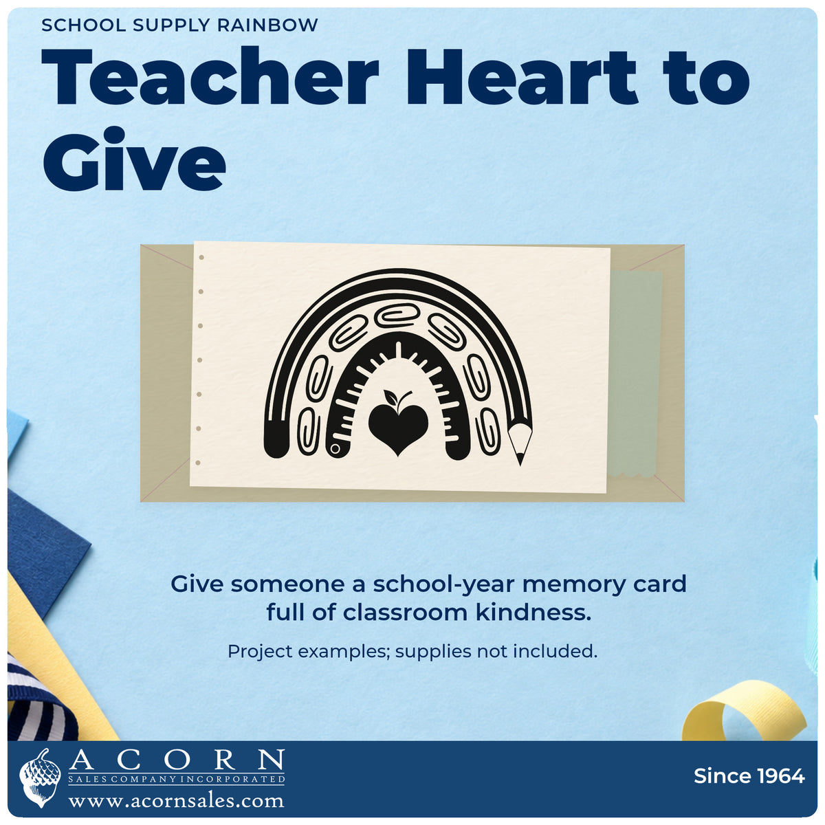 A finished handmade project stamped with the School Supply Rainbow PSI Pre-Inked Stamp, ideal for donation drive tags.