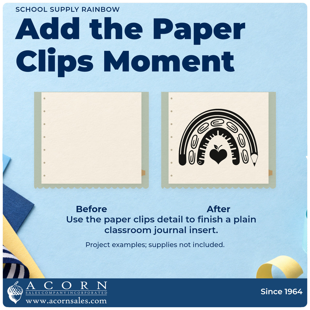 Before and after of a plain item finished with the School Supply Rainbow Stamp – Wood Handle, a quick upgrade for locker magnet seals.