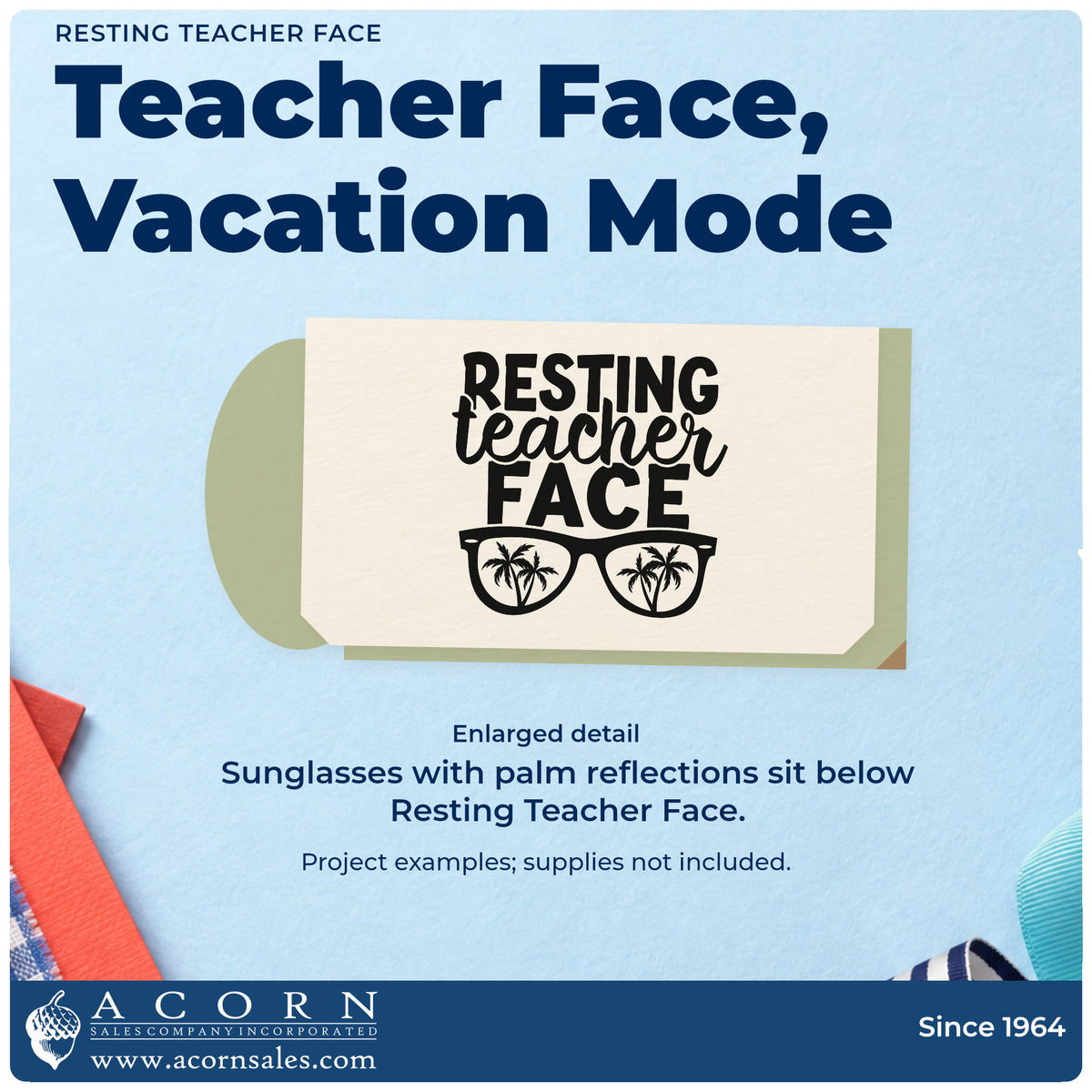 Enlarged detail of the Premium Wooden Resting Teacher Face Sunglasses Stamp – Vintage Pro imprint. Sunglasses with palm-tree reflections sit beneath "Resting teacher face."