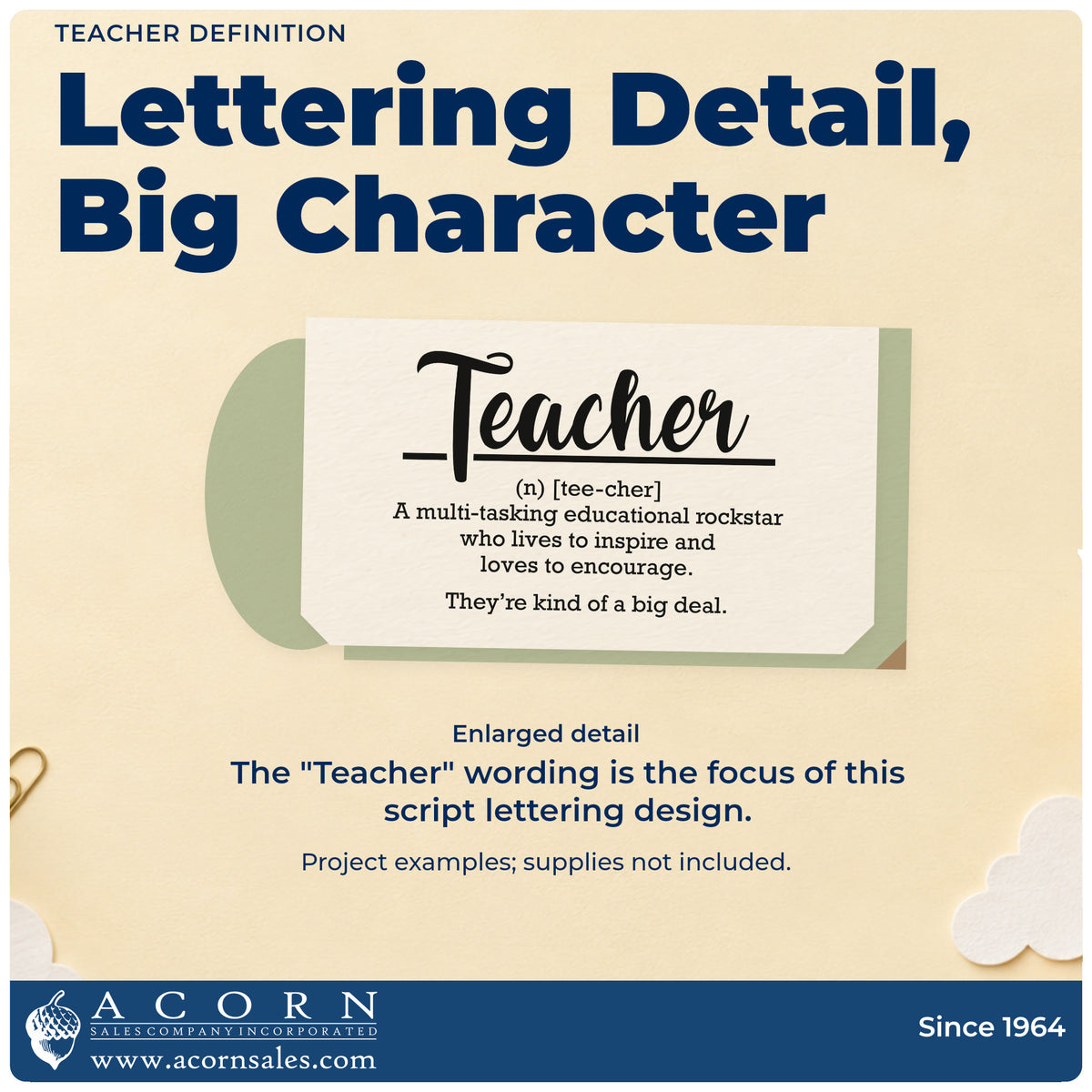 Enlarged detail of the Teacher Definition Script Lettering Stamp – Premium Vintage Pro Wooden imprint. Large underlined "Teacher" script appears above a playful definition describing a multitasking educational rockstar.