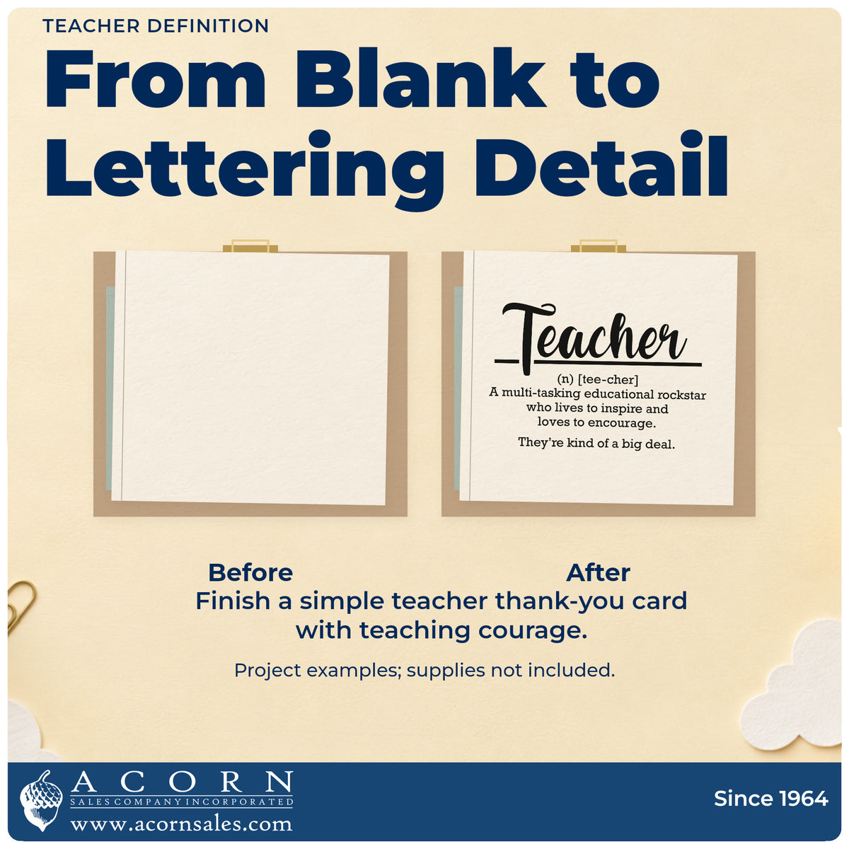 Before and after of a plain item finished with the Teacher Definition Script Lettering Stamp – Premium Vintage Pro Wooden, a quick upgrade for word wall seals.