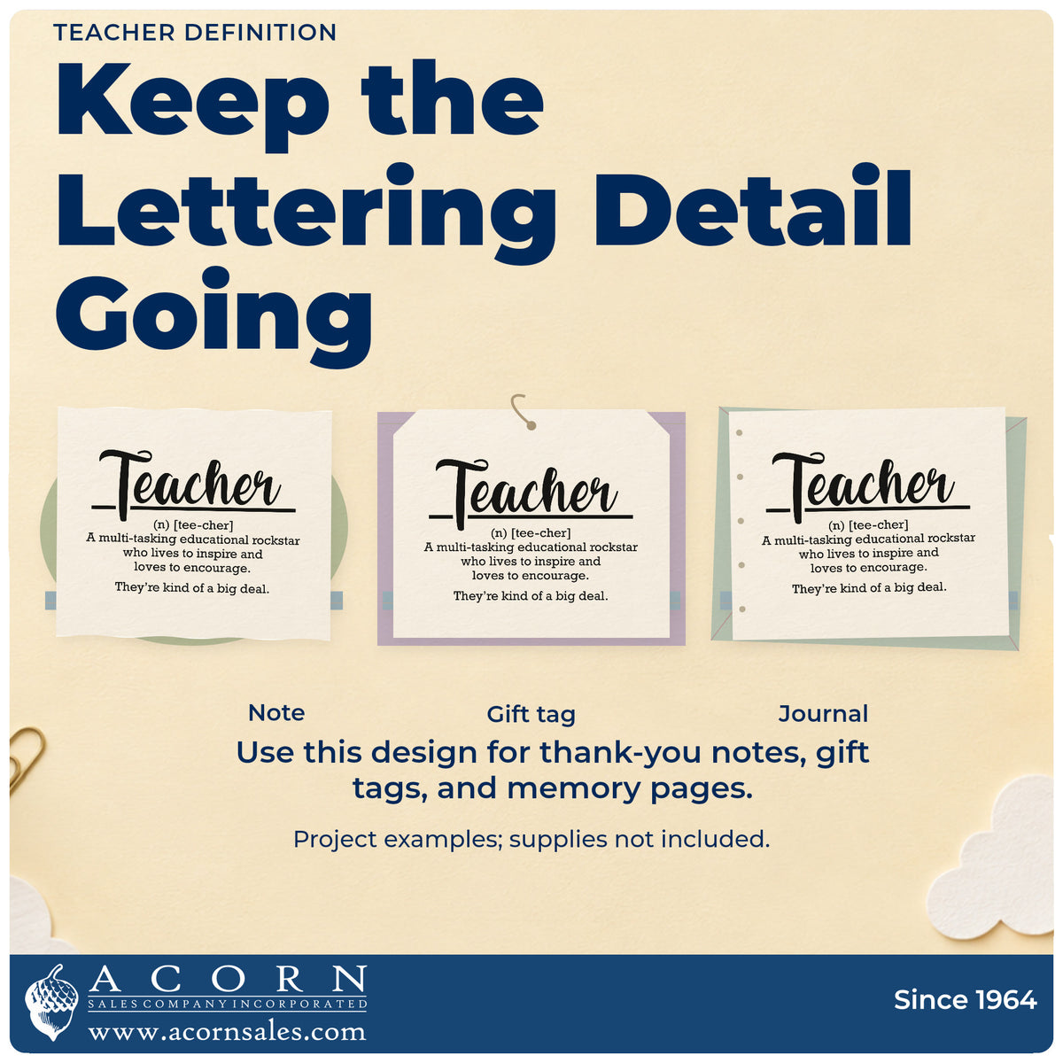 Three project examples made with the Teacher Definition Script Lettering PSI Pre-Inked Stamp, including spice jar labels.